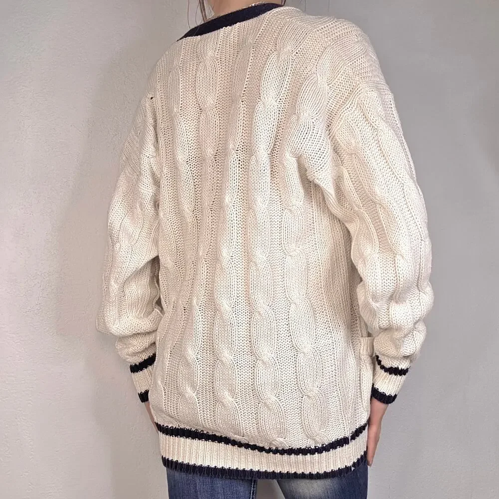 Vintage 80s 90s Cable Knit Cardigan Sweater Oversized Medium Fisherman Preppy - Picture 3 of 5